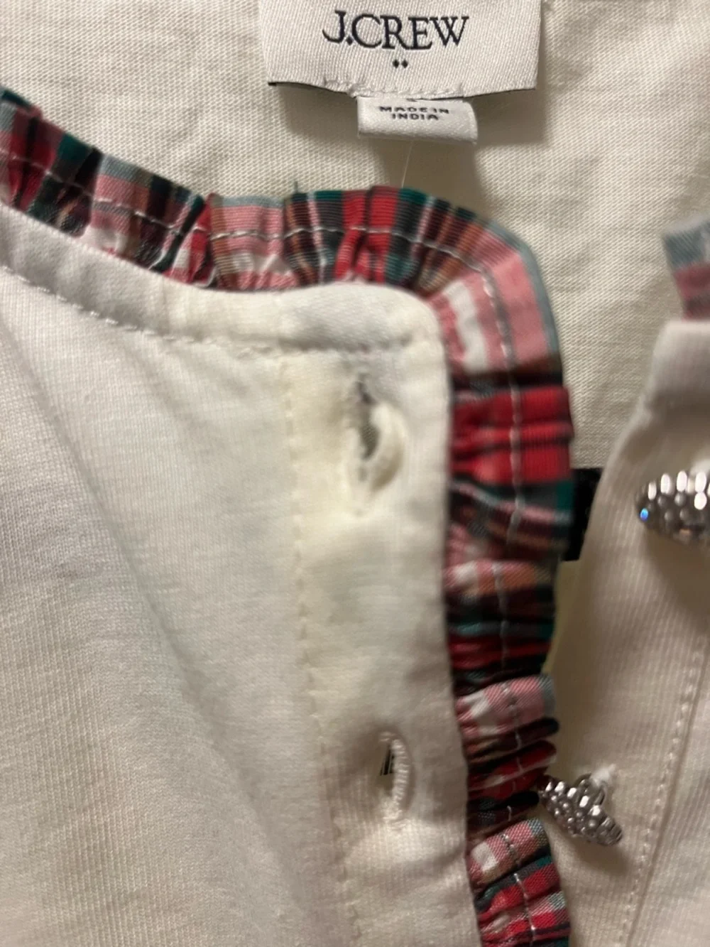 J. Crew Women’s Cream Long-Sleeve‎ Henley with Red Plaid Ruffle Trim Size Sm NWT